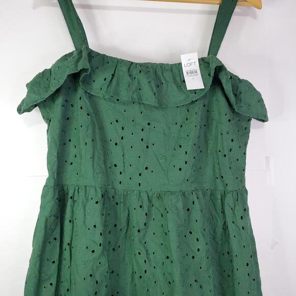 LOFT Women’s Emerald Green Size 10 Eyelet Ruffle Square Neck Midi Dress NWT - Picture 4 of 9